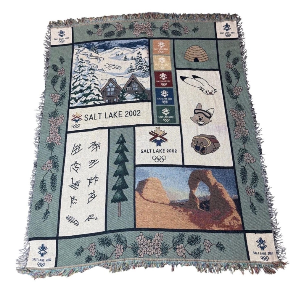 Salt Lake 2002 Olympics Woven Throw Blanket OS Green Excellent Tapestry Mascot
